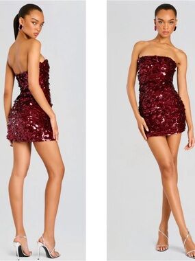 RETROFETE Nolia Strapless Sequin Embellished Mulberry Red Mini Dress Size Medium